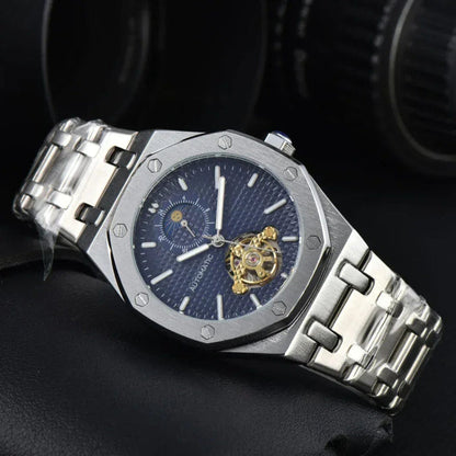 Men’s automatic mechanical watch on silver stainless strap, black dial with gold skeleton mechanism