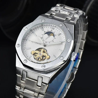 Men’s automatic mechanical watch with white dial, silver stainless bracelet and gold movement display