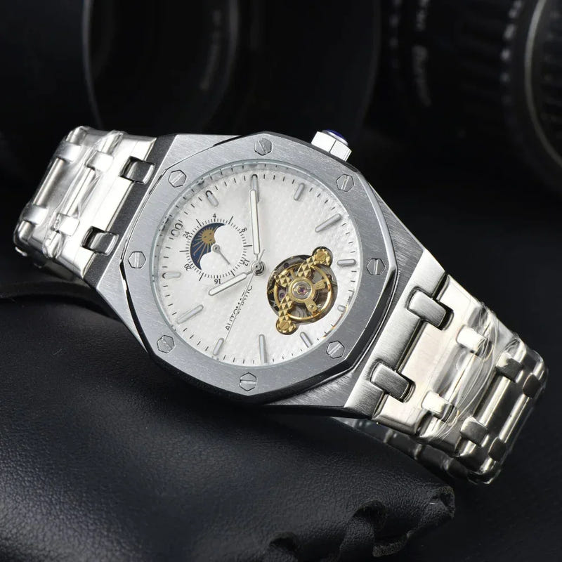 Men’s automatic mechanical watch on silver stainless bracelet, white dial with gold movement detail