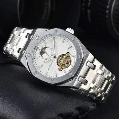 Men’s automatic mechanical watch on silver stainless bracelet, white dial with gold movement detail