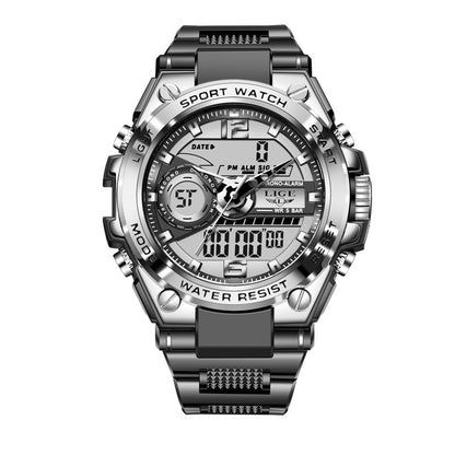 Silver and black sports watch with digital display on a white background