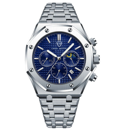 Silver watch with a blue face on a white background