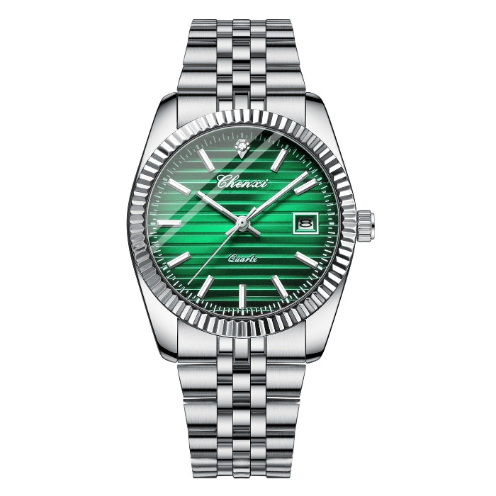 Stainless steel bracelet watch with green dial, silver hands, and date window