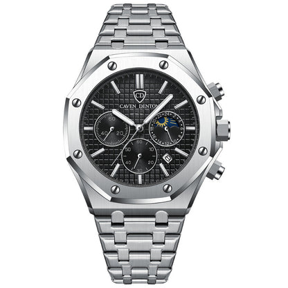 Silver watch with black dial on a white background