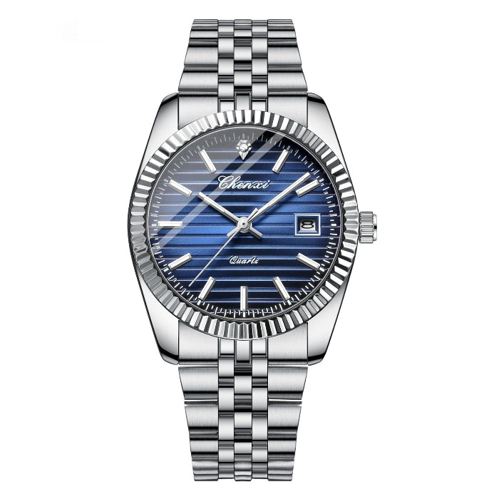 Stainless steel bracelet watch with blue dial, silver hands, and date window