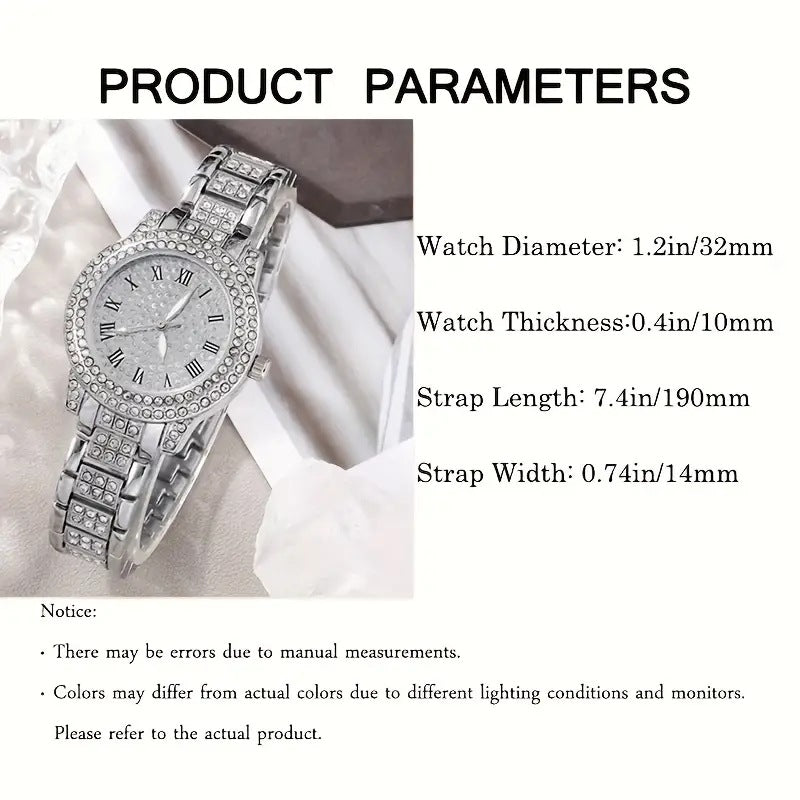 Silver watch with gemstones on a white background, product parameters displayed.