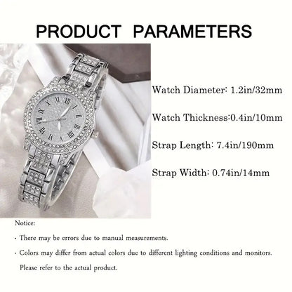Silver watch with gemstones on a white background, product parameters displayed.