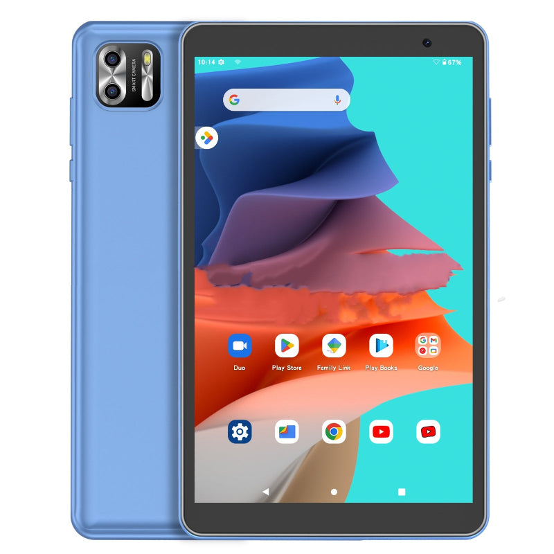 Smartphone with a colorful display and blue back on a white background