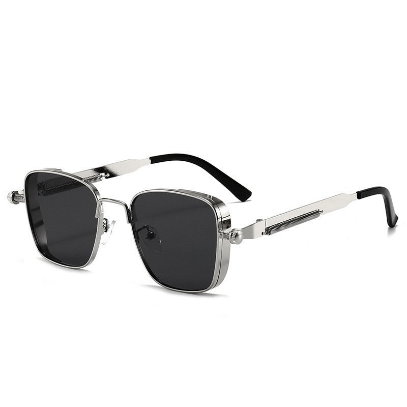 Sunglasses with black lenses and silver frames on a white background