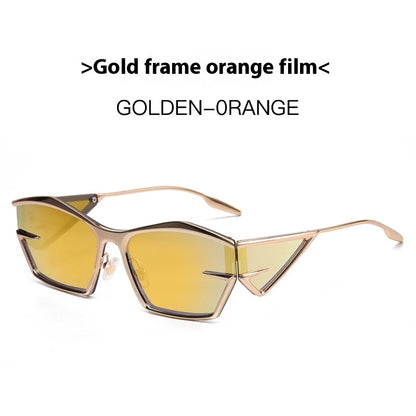 Sunglasses with gold frame and orange-tinted lenses on a white background