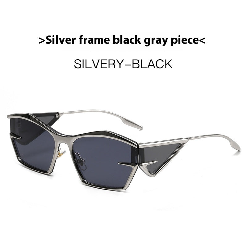 Sunglasses with silver frame and black gray piece on a white background