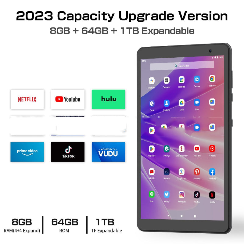 Tablet with app icons on screen and capacity details on a white background
