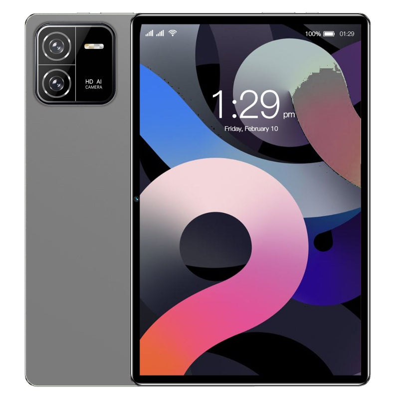 Tablet with colorful display and gray back on a white background