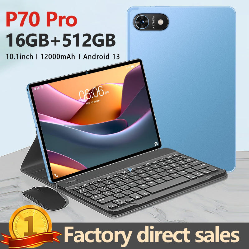 Sky blue 10.1-inch Android tablet with folio keyboard case and dual rear camera