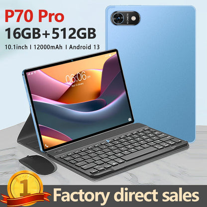 Sky blue 10.1-inch Android tablet with folio keyboard case and dual rear camera