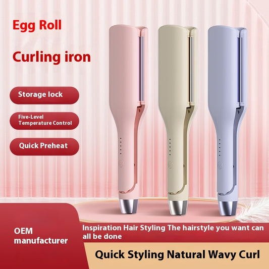 Three egg roll curling irons in different colors with features listed on a pink background.