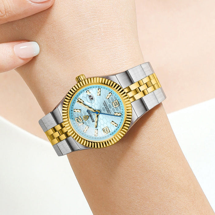 Women's two-tone waterproof stainless watch, blue dial, gold bezel, metal band