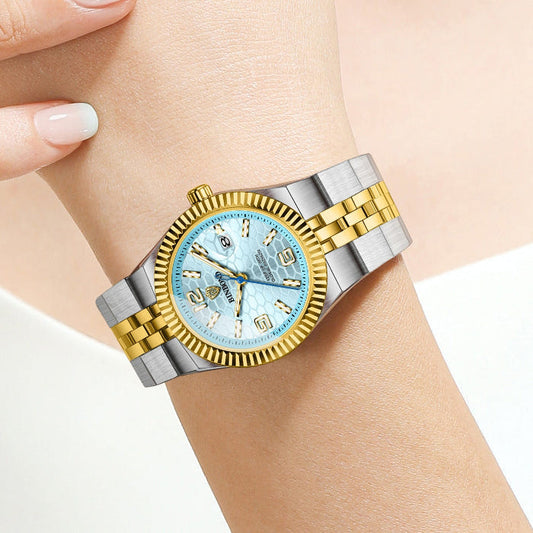 Women's two-tone waterproof stainless watch, blue dial, gold bezel, metal band