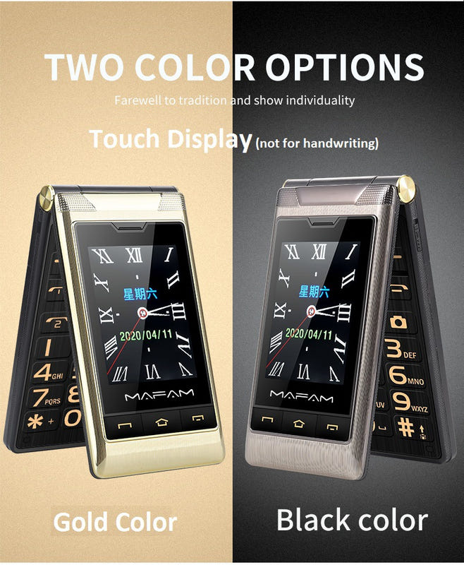 Gold and dark flip phone options, dual-screen open view with keypad visible