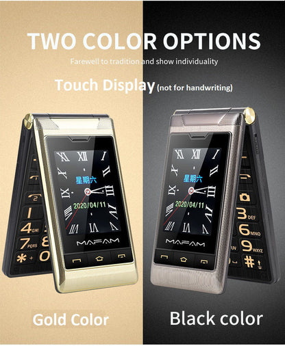 Gold and dark flip phone options, dual-screen open view with keypad visible