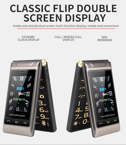 Two MAFAM flip phones with dual screen display on a white background