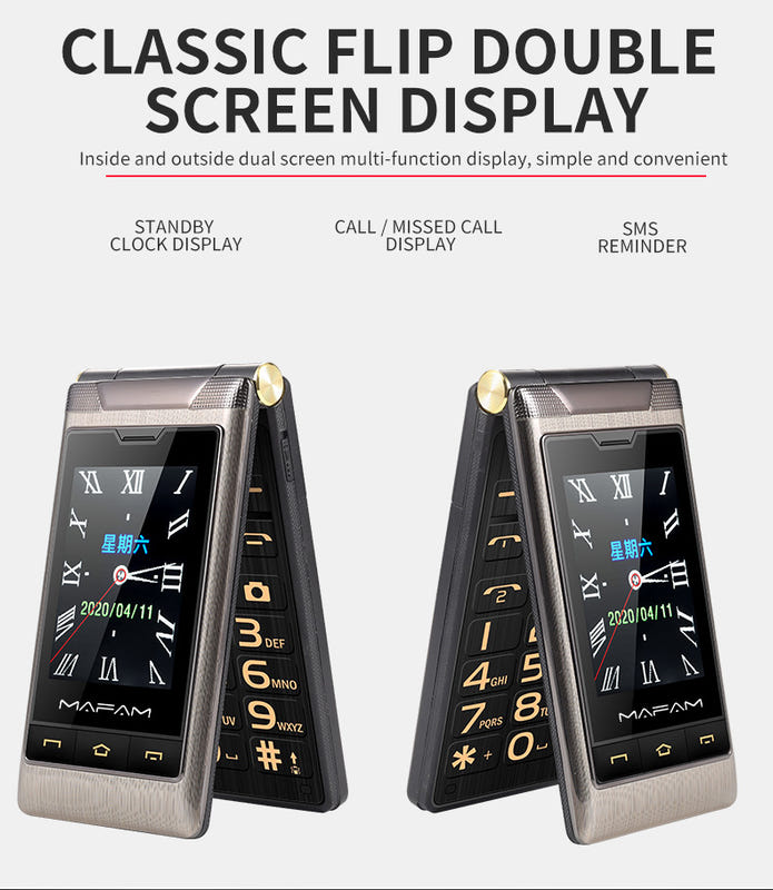 Classic flip double-screen phone, silver and black models open with keypad