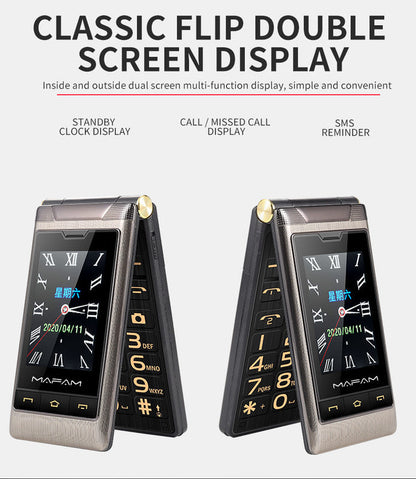Classic flip double-screen phone, silver and black models open with keypad