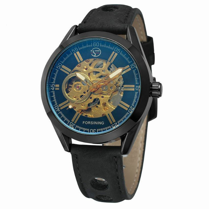 Watch with black strap and blue face on a white background