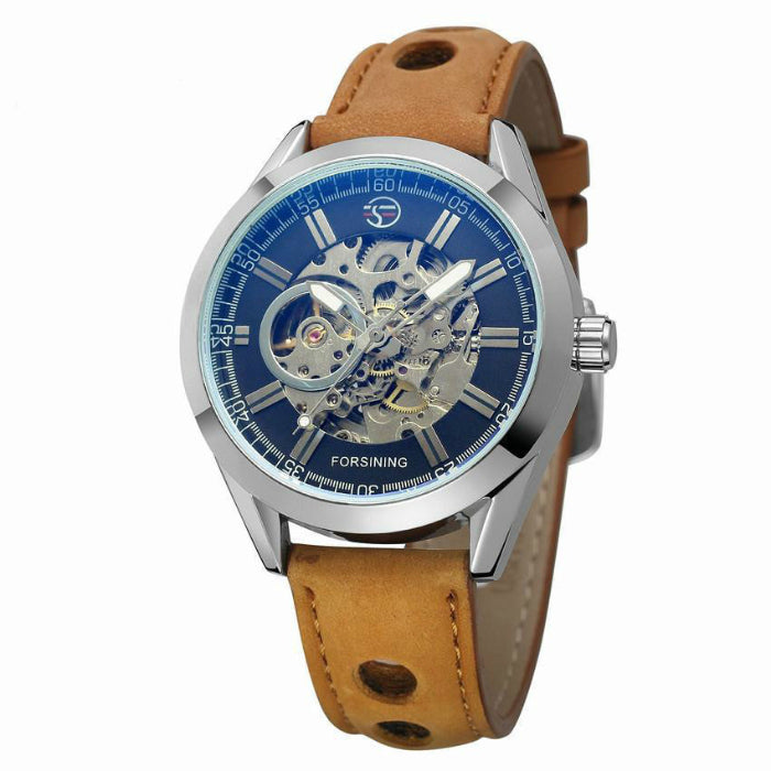 Watch with brown leather strap and blue face on white background