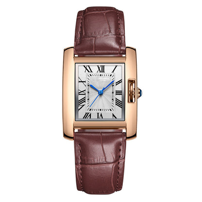 Watch with brown leather strap and rose gold case on white background