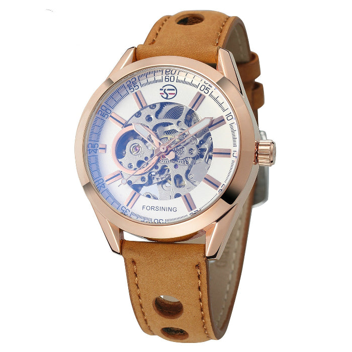 Watch with brown leather strap and rose gold casing on white background