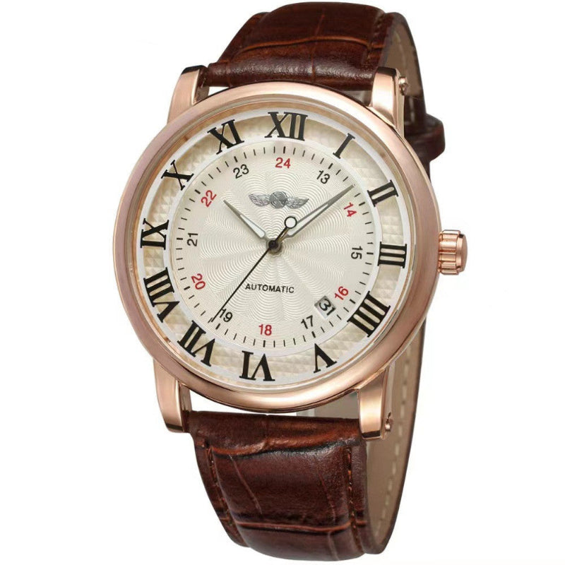 Watch with brown leather strap and white face displaying Roman numerals on a white background