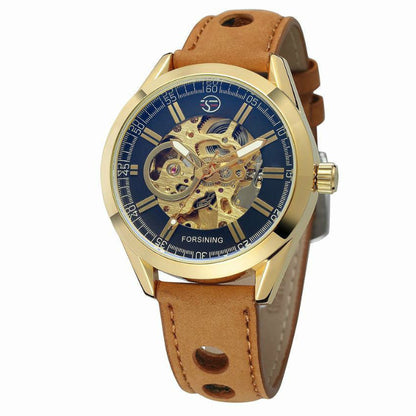 Watch with gold case, blue dial, and brown leather strap on a white background