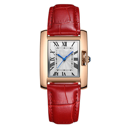 Watch with red leather strap and gold case on white background