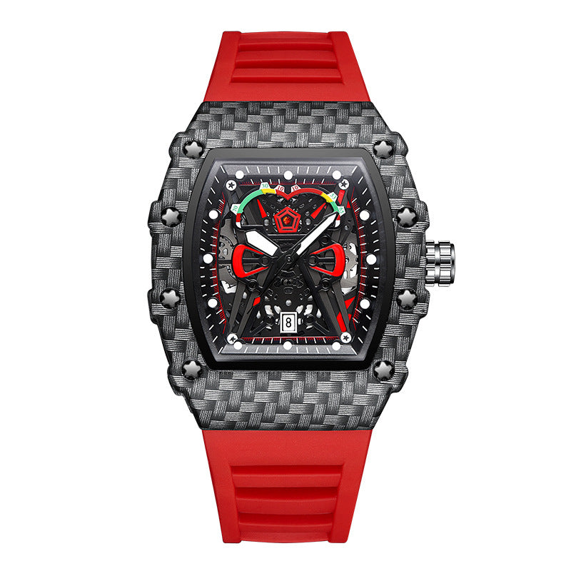Watch with red strap and carbon fiber case on white background