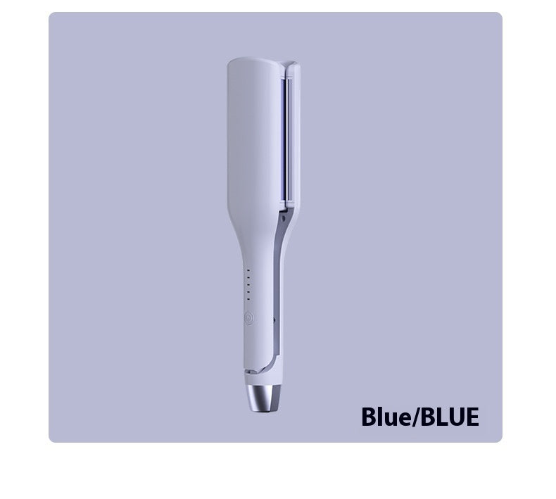 White hair straightener on a light purple background with 'Blue/BLUE' text.