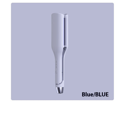 White hair straightener on a light purple background with 'Blue/BLUE' text.