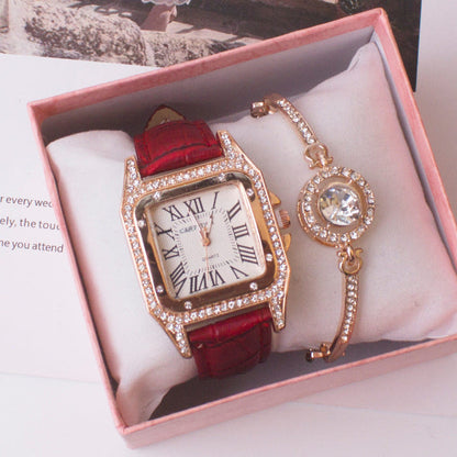 Women’s square rhinestone quartz watch with red strap and gold-tone crystal charm bracelet