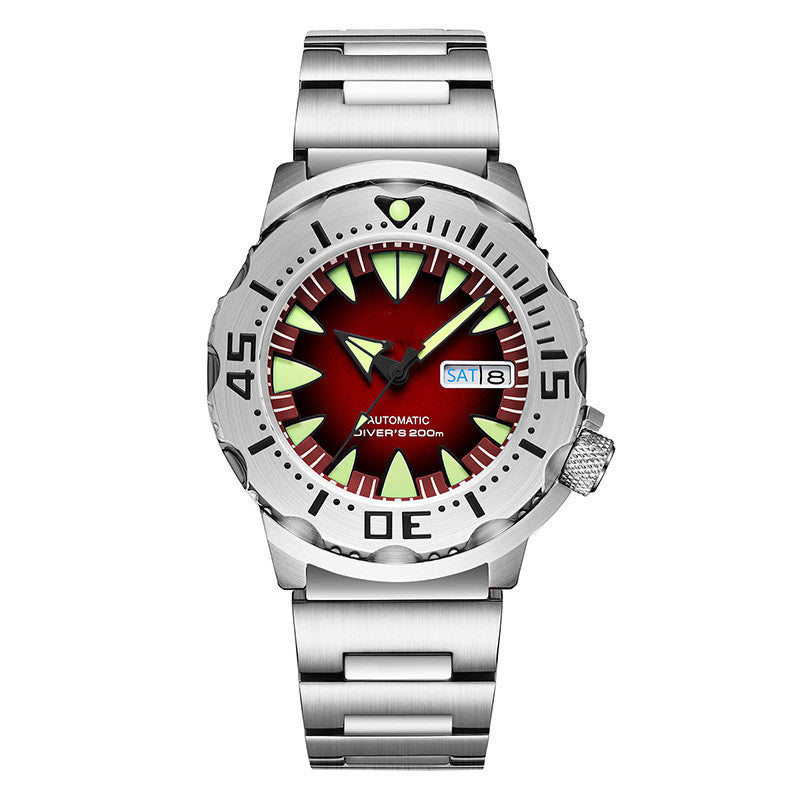 Diver Wristwatch with a red and green face on a white background