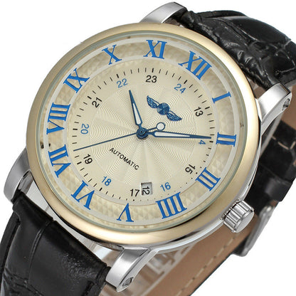 Wristwatch with black leather strap and beige dial featuring blue Roman numerals.
