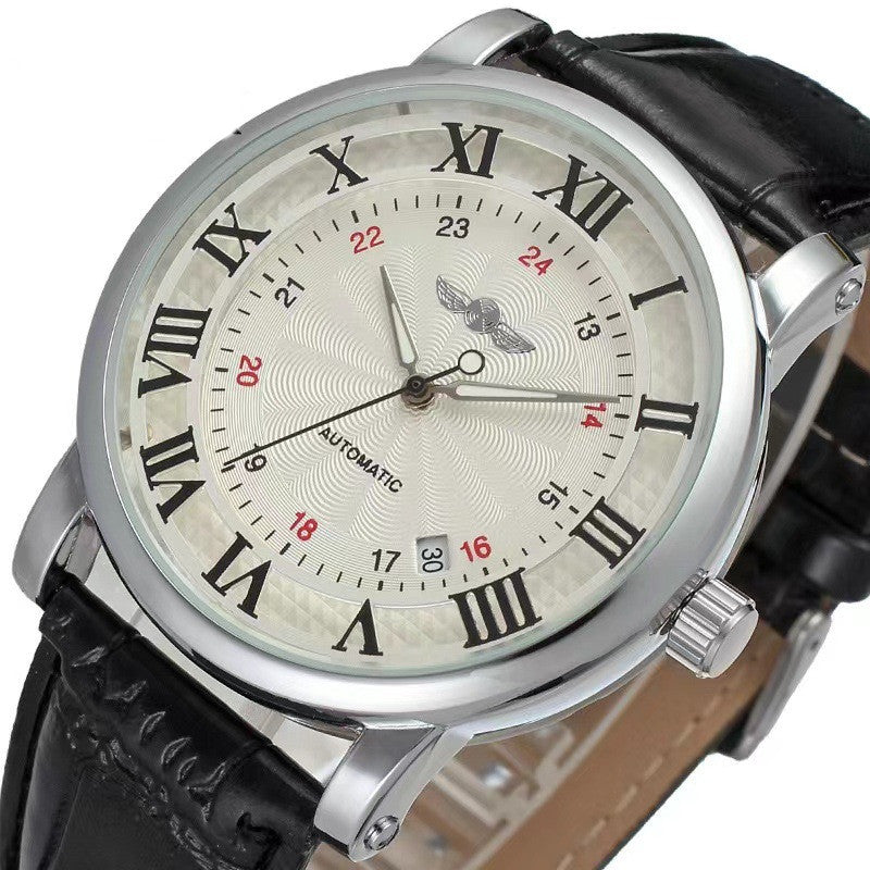 Wristwatch with black leather strap and silver case on a white background