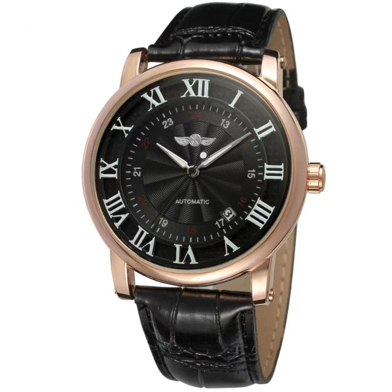 Wristwatch with black leather strap and black dial on a white background