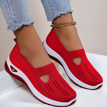 Women’s mesh flats in red, breathable slip-on with cutout toe and white sole