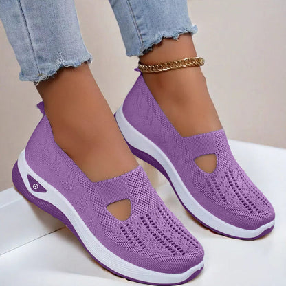 Women’s mesh flats in lavender purple, breathable slip-on with cutout toe and white sole
