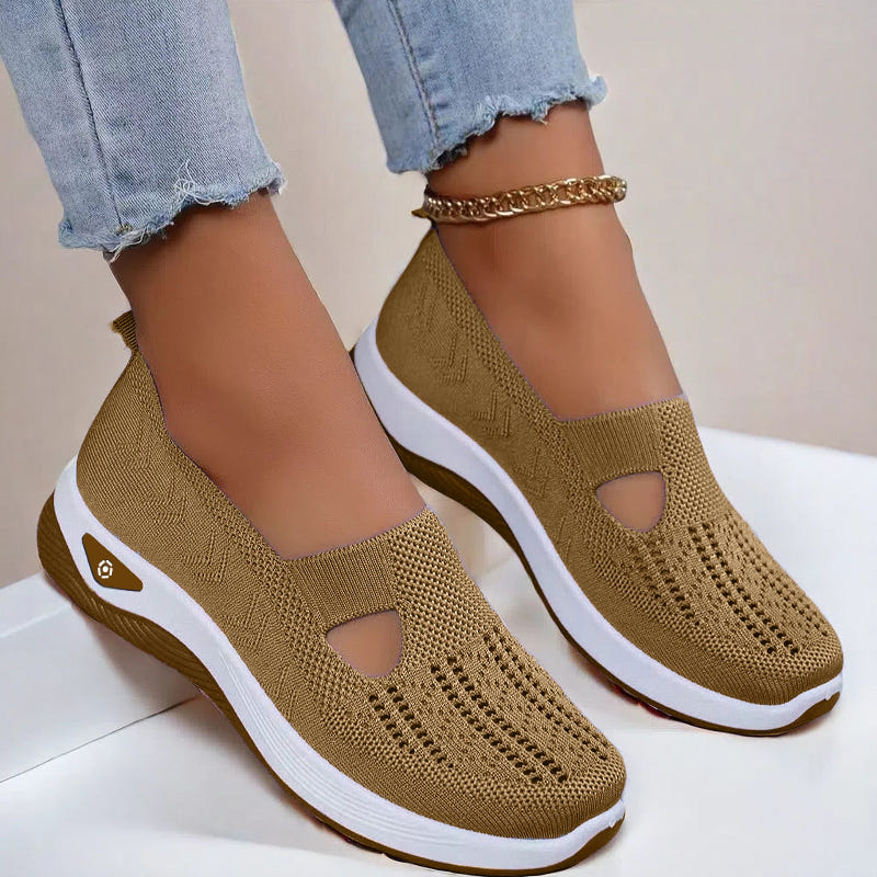 Women’s mesh flats in beige, breathable slip-on with cutout toe and white sole