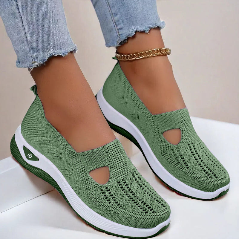 Women’s mesh flats in army green, breathable slip-on with cutout toe and white sole