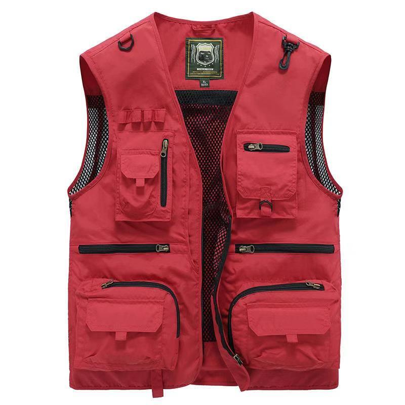 Men's Red vest with multiple pockets and a visible brand logo on a white background. YAXSO-UAE Online Shop