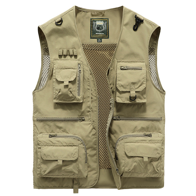 Men's Beige vest with multiple pockets and a brand logo on a white background. YAXSO-UAE Online Shop