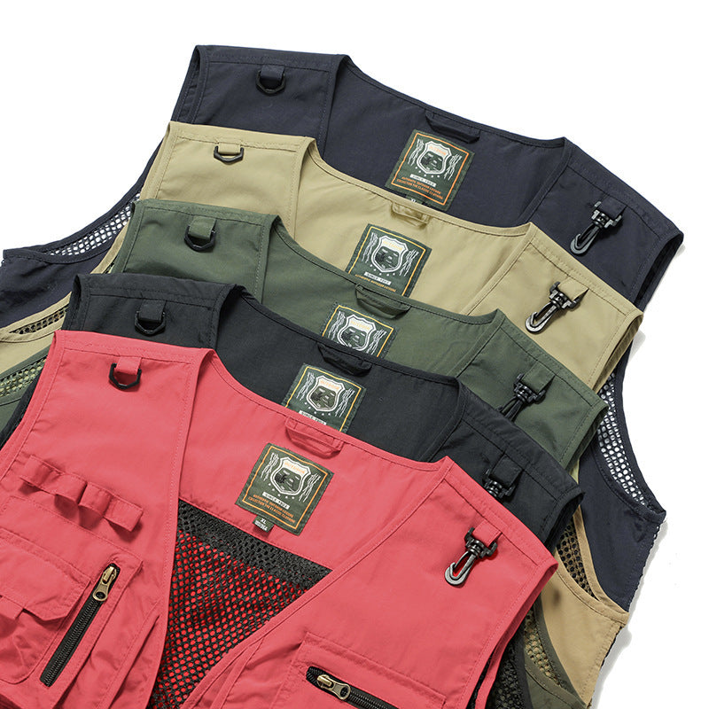 Collection of vests in various colors with zippers and buttons on a white background. YAXSO-UAE Online Shop