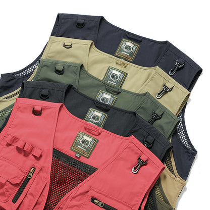 Collection of vests in various colors with zippers and buttons on a white background. YAXSO-UAE Online Shop